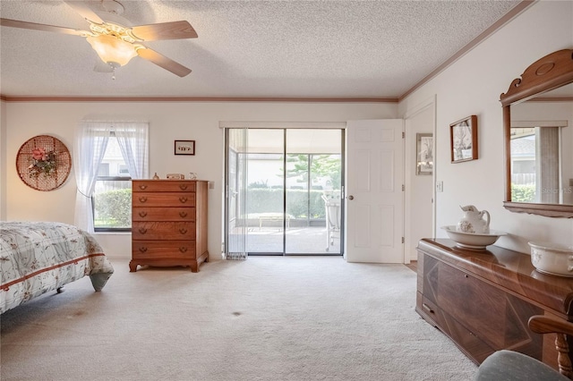 bedroom with light carpet, access to exterior, a textured ceiling, and crown molding