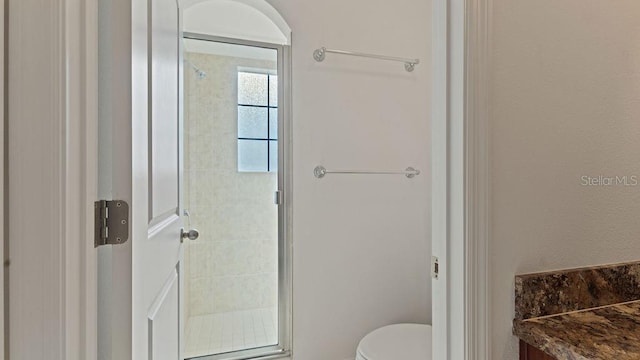 full bathroom featuring toilet and a shower stall