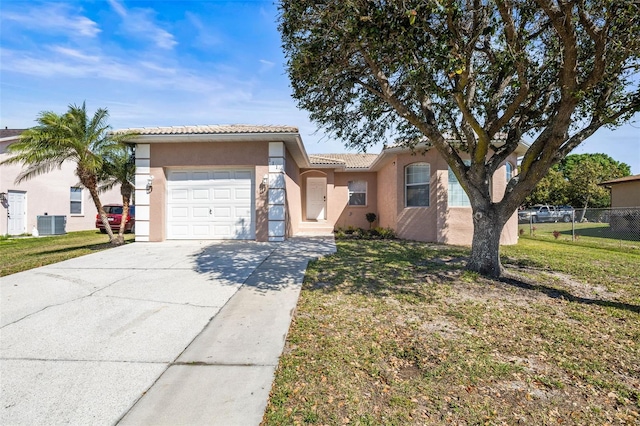 view of front of house with stucco siding, an attached garage, a front yard, cooling unit, and driveway