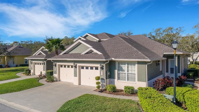 view of front of home with driveway, roof with shingles, an attached garage, a front lawn, and stucco siding