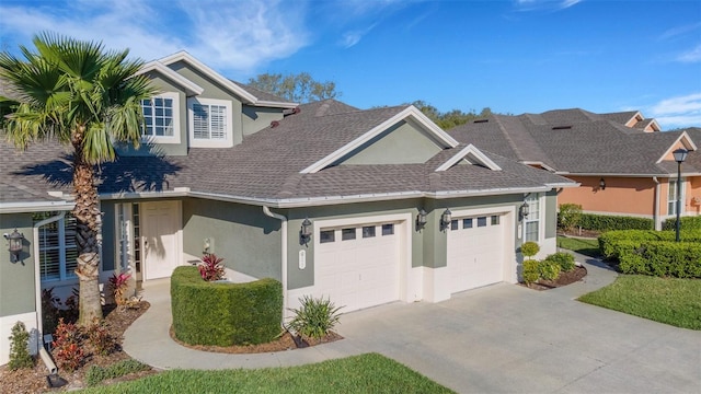 craftsman-style home featuring a garage, driveway, roof with shingles, and stucco siding