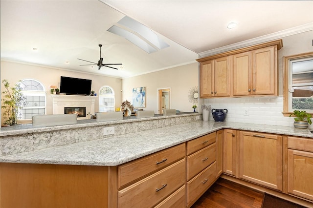 kitchen featuring a skylight, dark wood finished floors, decorative backsplash, light stone countertops, and crown molding