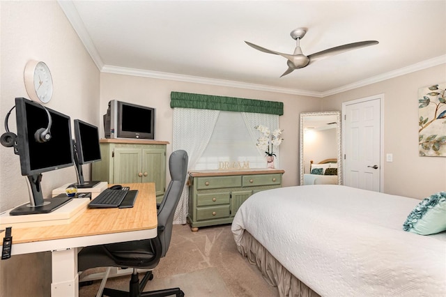 bedroom with crown molding, ceiling fan, and light colored carpet