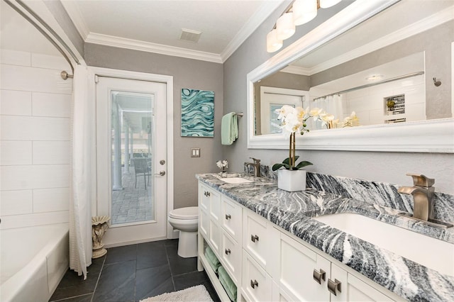 full bath with toilet, double vanity, ornamental molding, and a sink