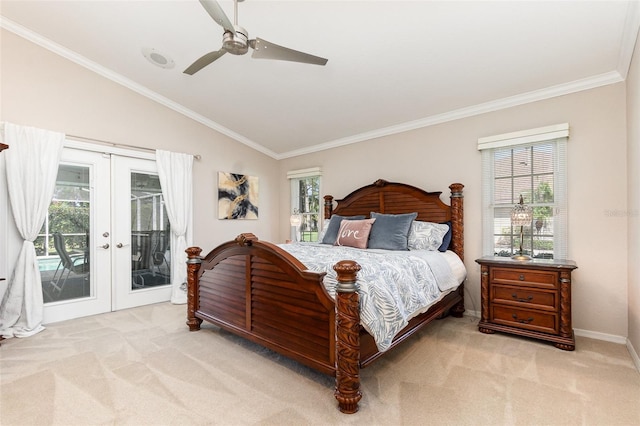 bedroom featuring light carpet, vaulted ceiling, access to outside, french doors, and ornamental molding