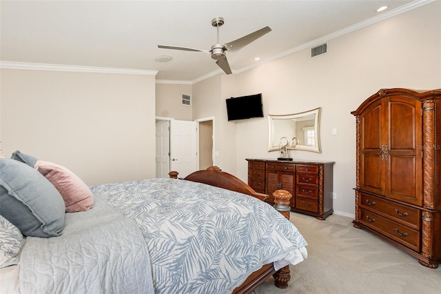 bedroom with light carpet, visible vents, baseboards, a ceiling fan, and ornamental molding