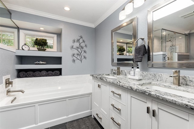 full bath featuring a healthy amount of sunlight, a shower stall, ornamental molding, and a sink