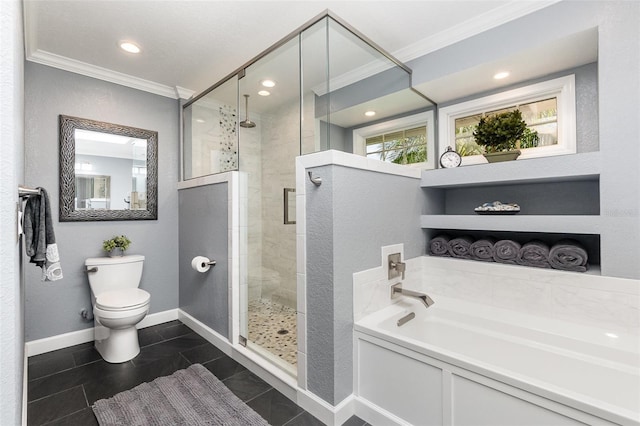 bathroom with toilet, baseboards, ornamental molding, a bath, and a stall shower