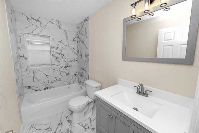 full bath featuring marble finish floor, shower / washtub combination, vanity, and toilet