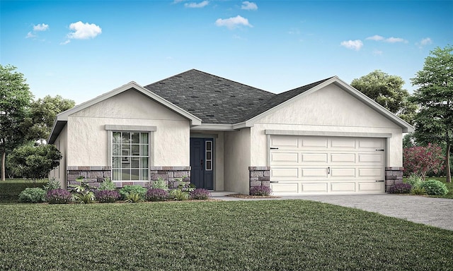 single story home featuring stone siding, a shingled roof, an attached garage, and stucco siding