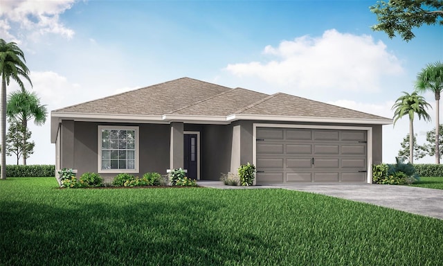 view of front facade featuring a garage, a shingled roof, concrete driveway, a front lawn, and stucco siding