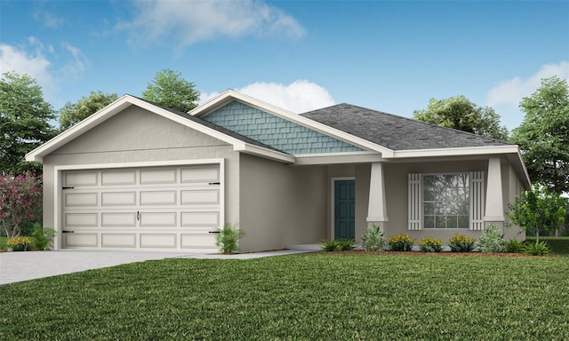 view of front of home with a shingled roof, concrete driveway, an attached garage, a front lawn, and stucco siding