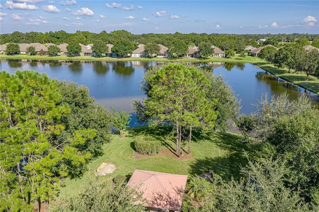 bird's eye view with a water view