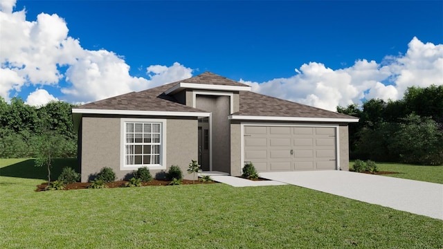 ranch-style home featuring a shingled roof, concrete driveway, stucco siding, an attached garage, and a front yard