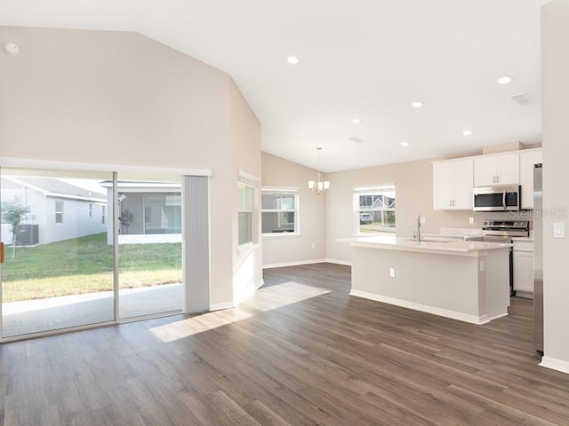 kitchen with appliances with stainless steel finishes, vaulted ceiling, a kitchen island with sink, and a sink