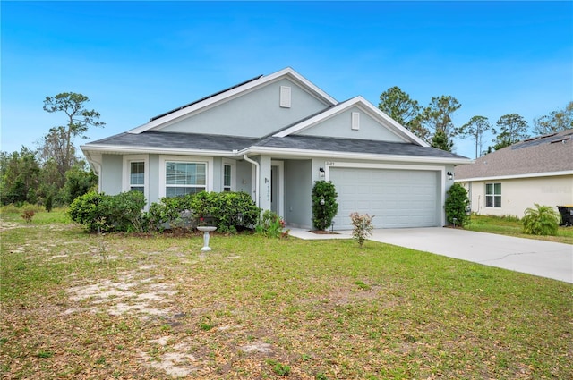 view of front of house featuring a garage, a shingled roof, driveway, stucco siding, and a front lawn