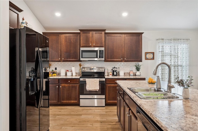 kitchen with stainless steel appliances, light wood-style floors, a sink, and backsplash