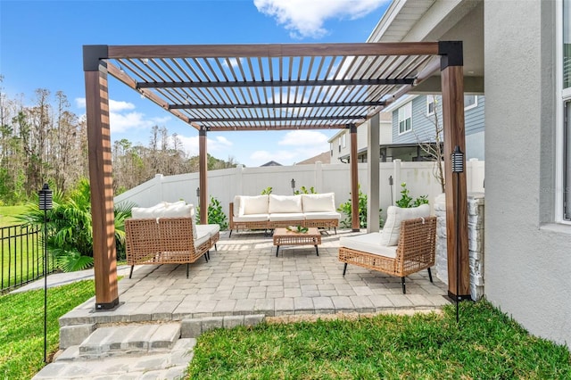 view of patio / terrace featuring a fenced backyard, outdoor lounge area, and a pergola