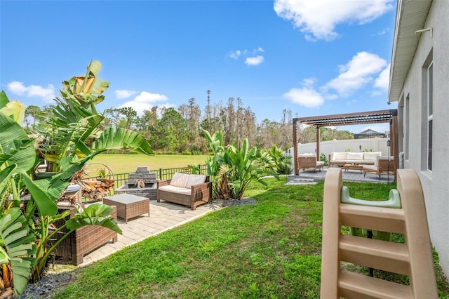 view of yard with an outdoor hangout area, a patio, fence, and a pergola