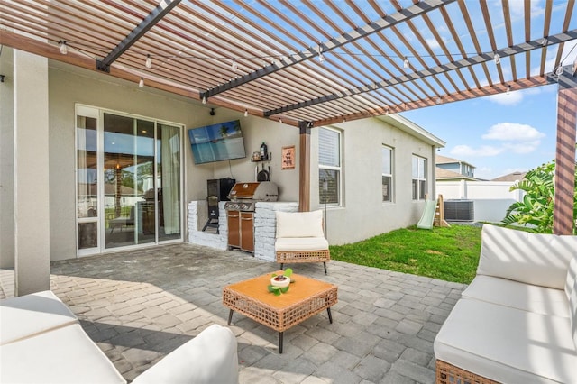 view of patio featuring central AC unit, a grill, fence, a pergola, and exterior kitchen