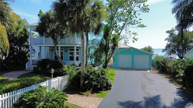 view of front of home featuring a garage, a balcony, fence, an outdoor structure, and a porch