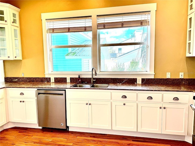 kitchen with a sink, a wealth of natural light, light wood-style flooring, and stainless steel dishwasher