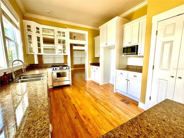 kitchen with appliances with stainless steel finishes, ornamental molding, white cabinetry, a sink, and light wood-type flooring