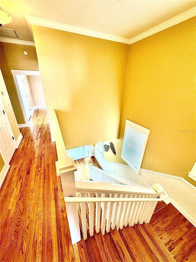 staircase featuring crown molding and wood finished floors