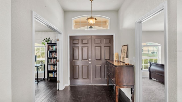 entryway with baseboards and dark wood-type flooring