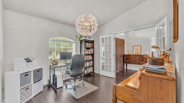 office featuring a chandelier, french doors, dark wood-type flooring, and vaulted ceiling