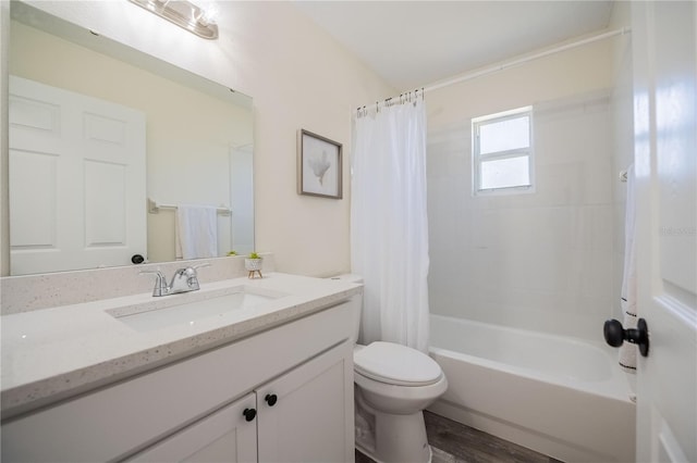 full bath with shower / bathtub combination with curtain, toilet, and vanity