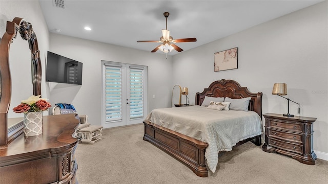 bedroom with visible vents, access to outside, recessed lighting, carpet flooring, and ceiling fan