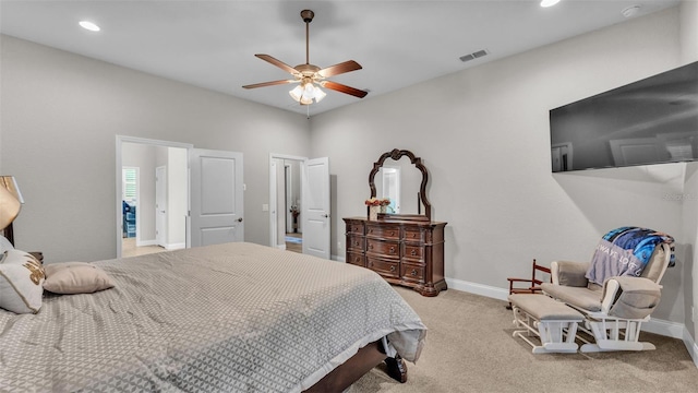 carpeted bedroom featuring recessed lighting, visible vents, baseboards, and a ceiling fan