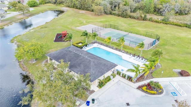 drone / aerial view featuring a water view