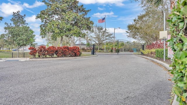 view of street with street lighting, a gate, curbs, and a gated entry