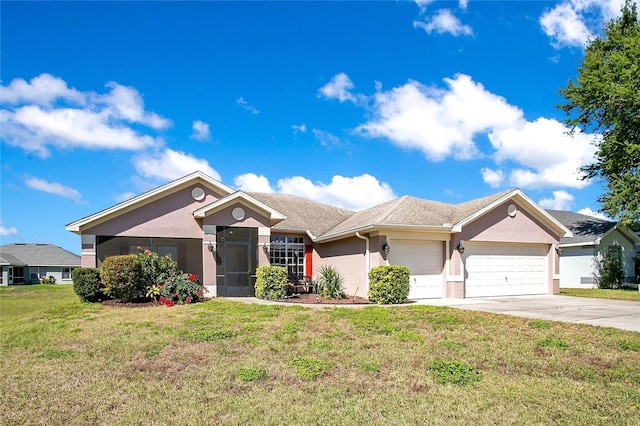 ranch-style home featuring stucco siding, driveway, a front yard, and a garage