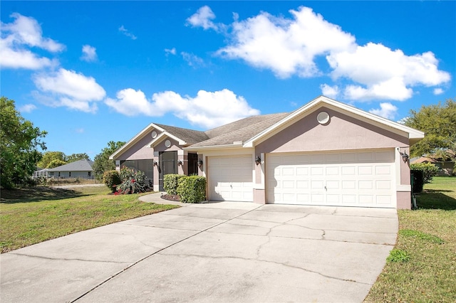 ranch-style home featuring a front lawn, a garage, driveway, and stucco siding