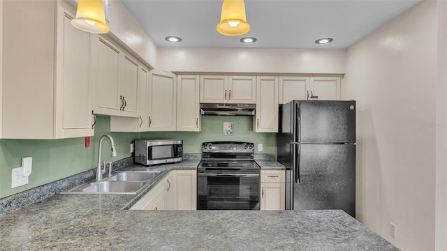 kitchen featuring black appliances, recessed lighting, a sink, and under cabinet range hood