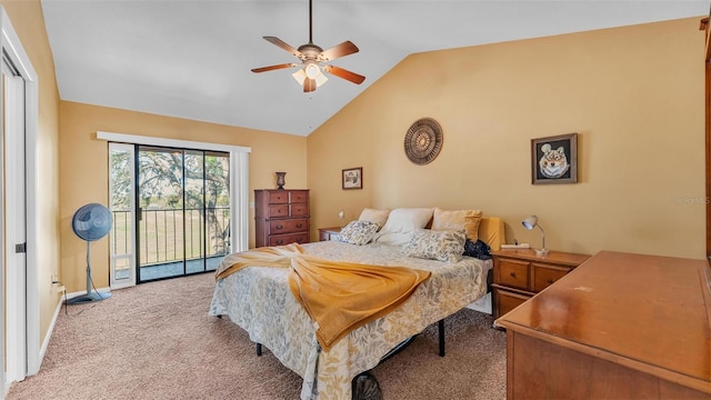 bedroom featuring ceiling fan, light colored carpet, baseboards, vaulted ceiling, and access to exterior