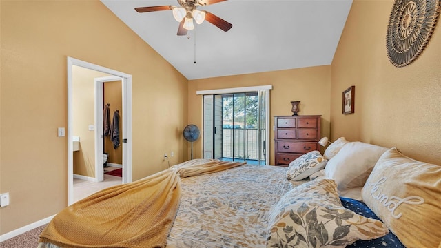 carpeted bedroom with access to exterior, lofted ceiling, baseboards, and a ceiling fan