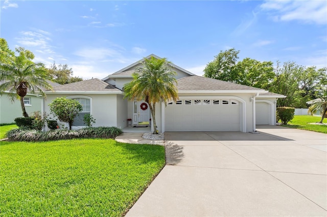 ranch-style home featuring an attached garage, a shingled roof, driveway, stucco siding, and a front yard