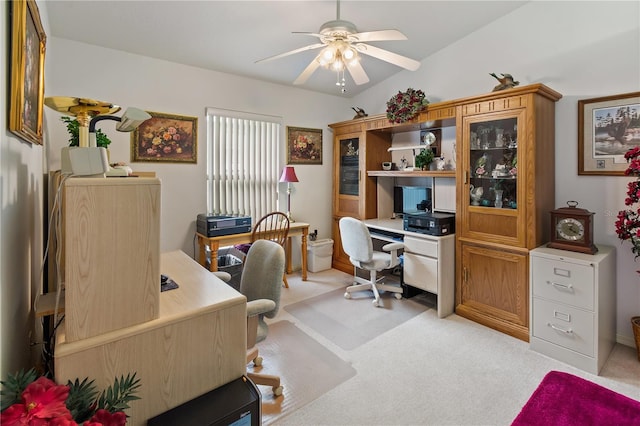 office area with light carpet and ceiling fan