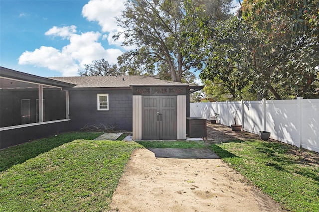 view of shed featuring a fenced backyard