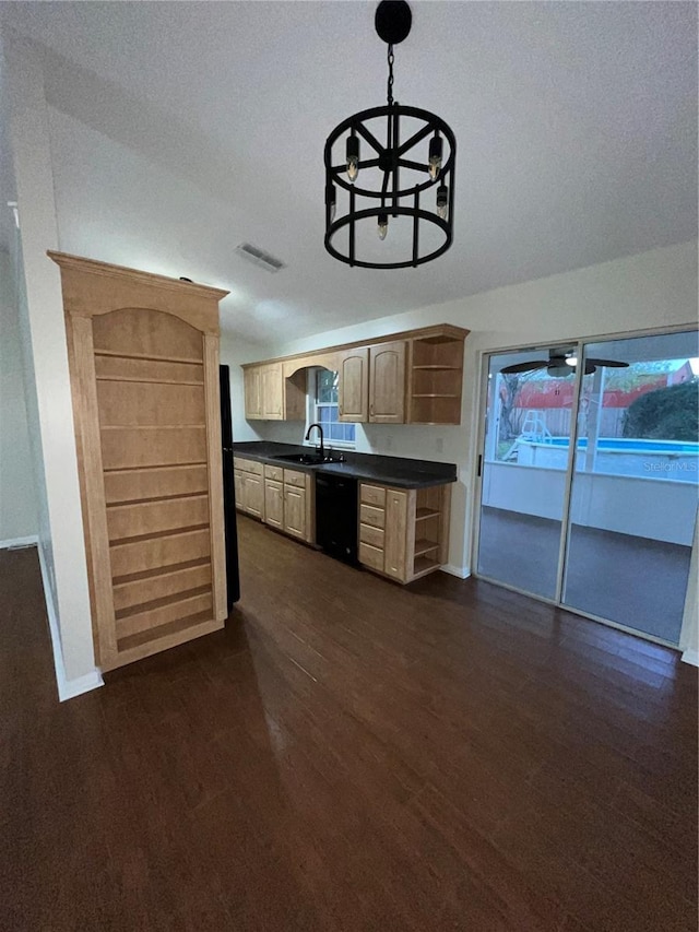 kitchen with black dishwasher, visible vents, dark countertops, dark wood-type flooring, and open shelves