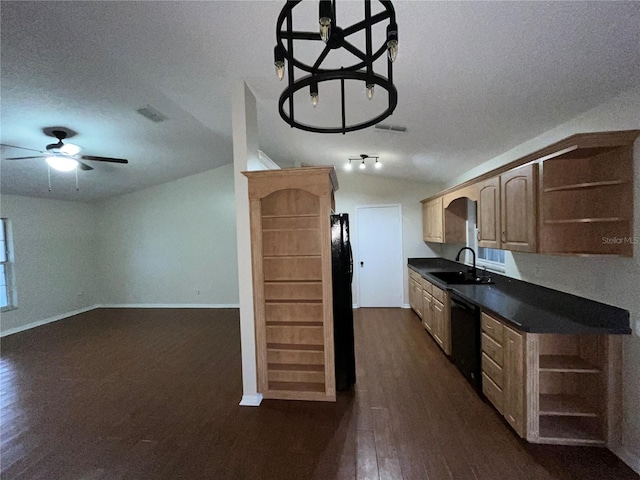 kitchen with open shelves, dark countertops, vaulted ceiling, a sink, and black appliances