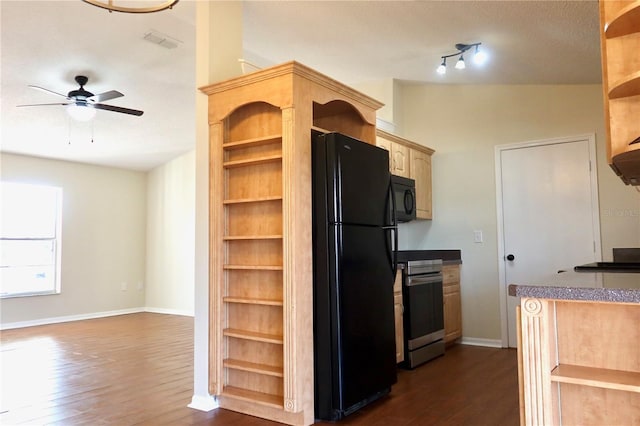 kitchen featuring ceiling fan, open shelves, dark wood-type flooring, visible vents, and black appliances