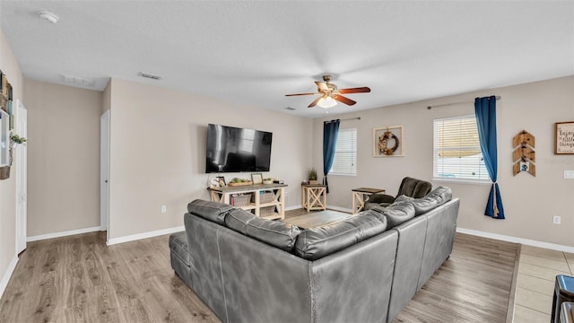 living area with visible vents, light wood-type flooring, a ceiling fan, and baseboards