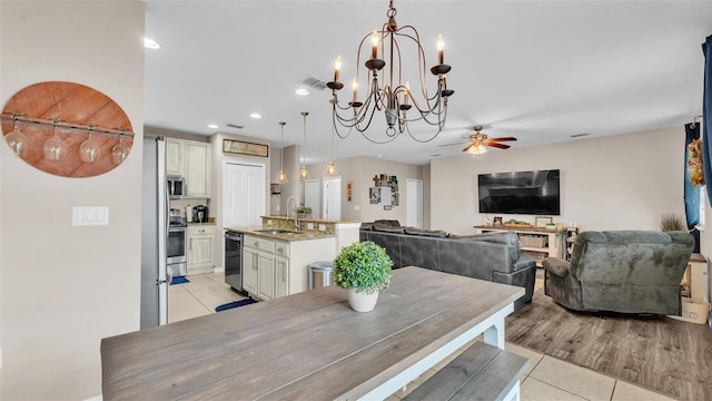 dining space with recessed lighting, visible vents, ceiling fan, and light tile patterned floors