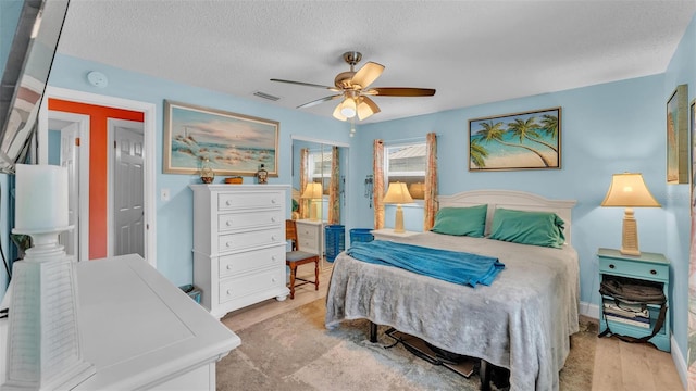 bedroom featuring visible vents, ceiling fan, and a textured ceiling