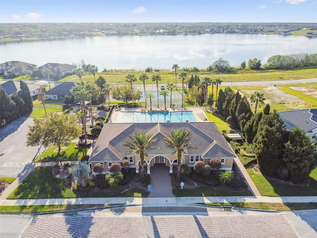 aerial view featuring a water view